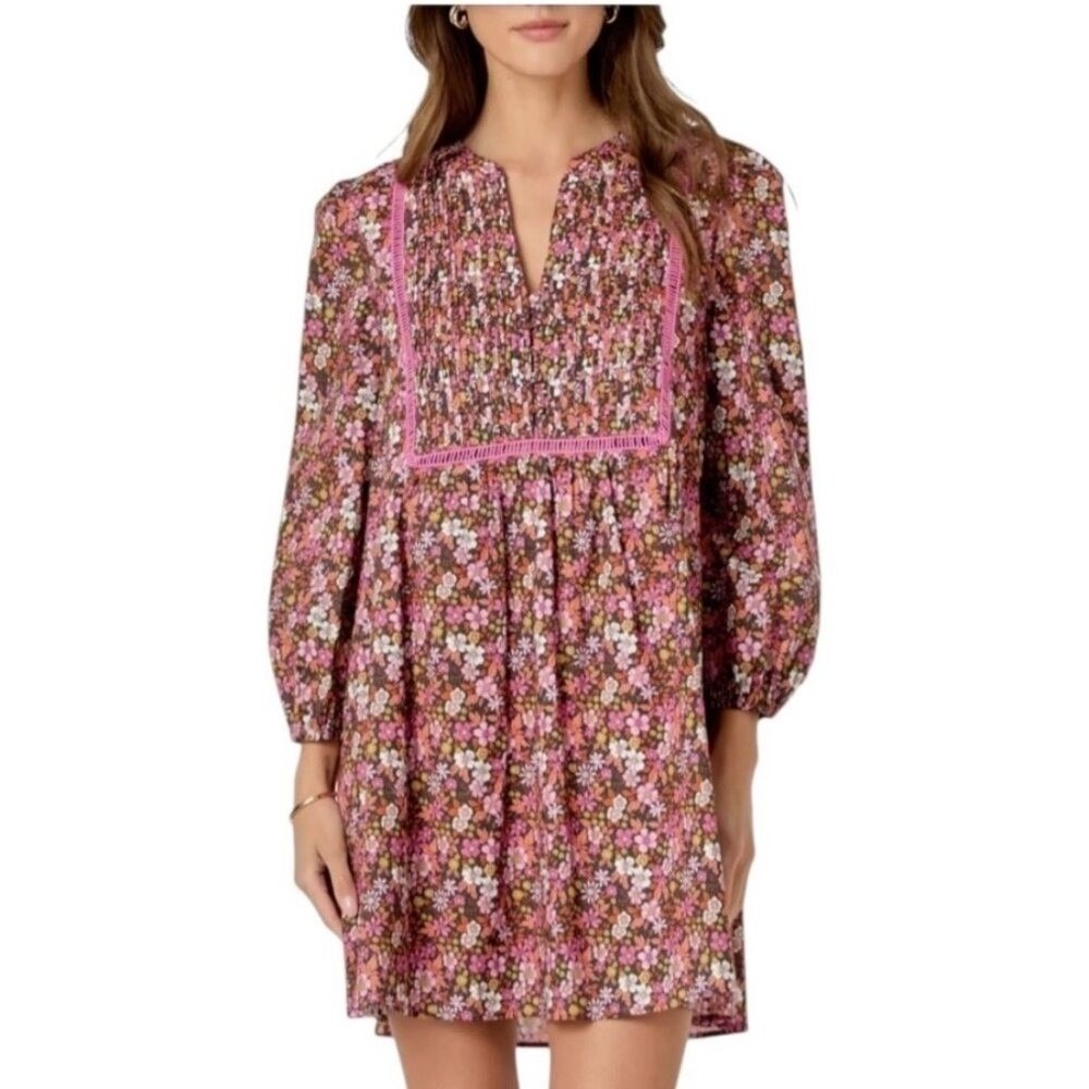 ☘️5/$25 English Factory Floral Puff Sleeve Mini Dress XS Pink Cottage Square